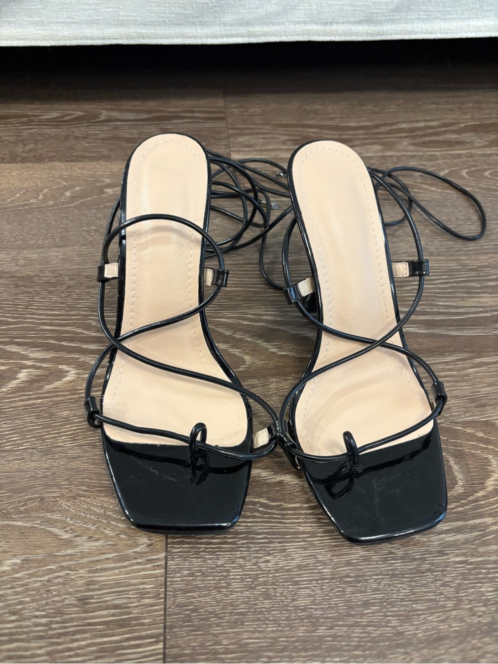 Black Strappy Square-Toe Lace-Up Heeled Sandals